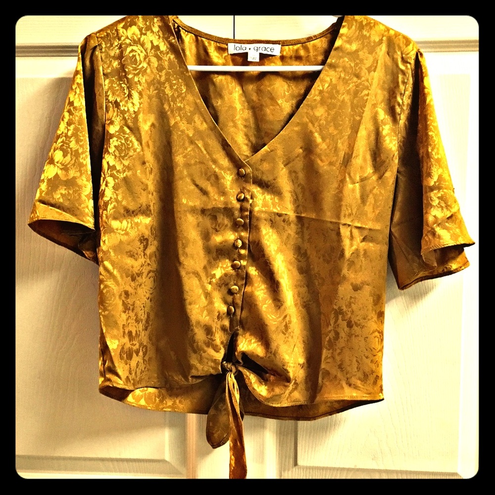 Mustard gold emboss crop tie front shirt